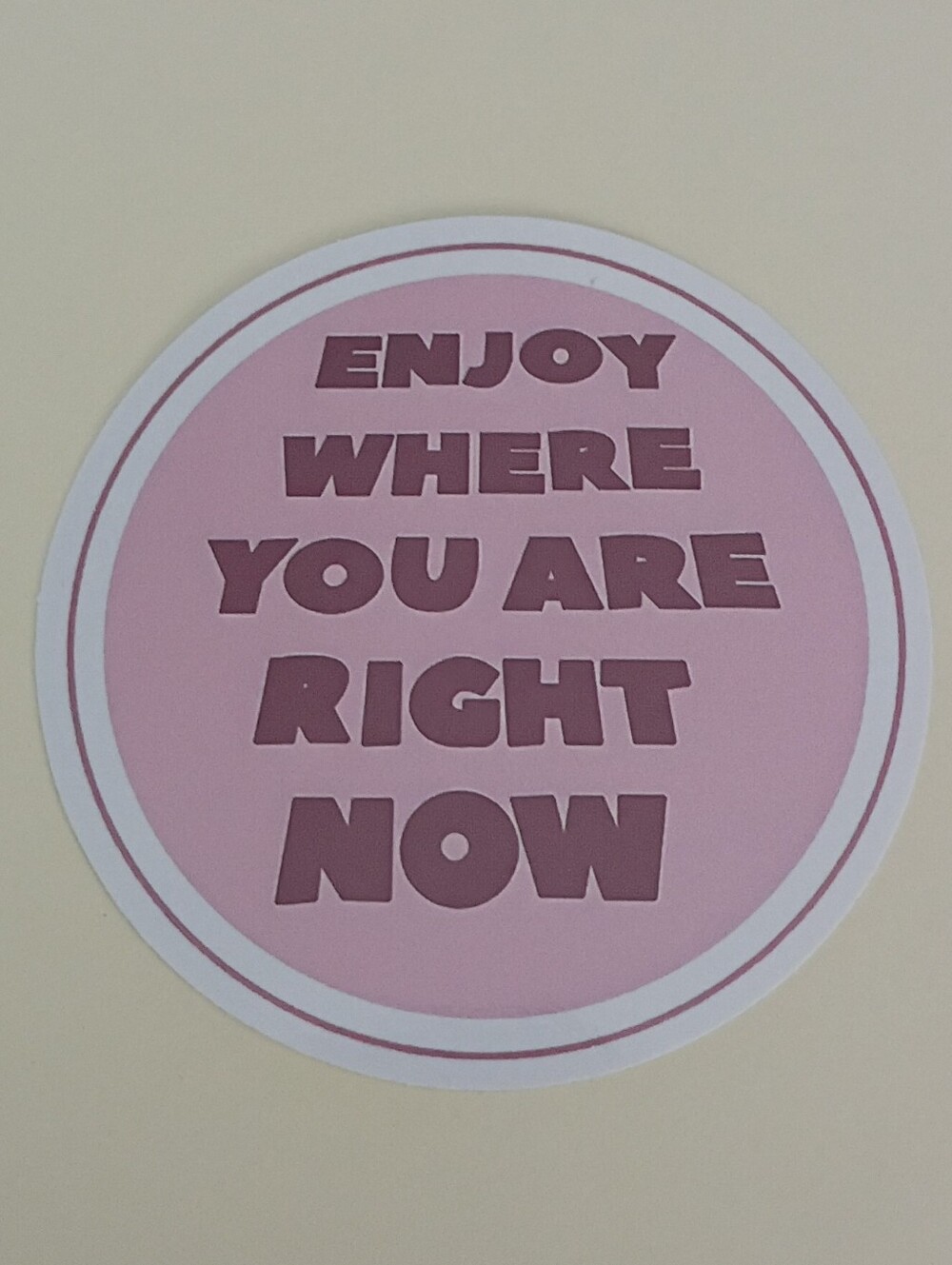 10/$10 Sticker - Enjoy Where You Are Right Now - Pink Circle background